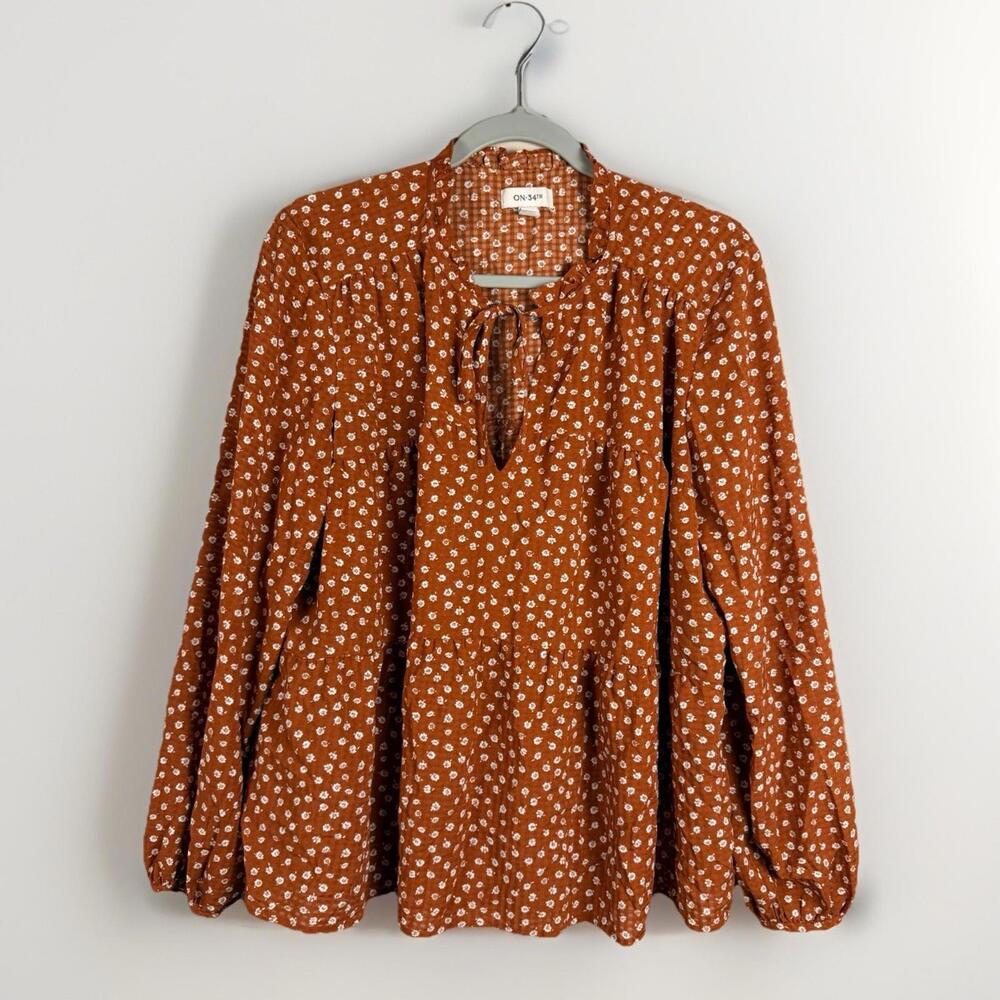 ON 34TH Brown White Floral Long Sleeve Keyhole Tie Neck Ruffle Blouse Size L